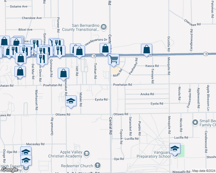 map of restaurants, bars, coffee shops, grocery stores, and more near 13492 Central Road in Apple Valley