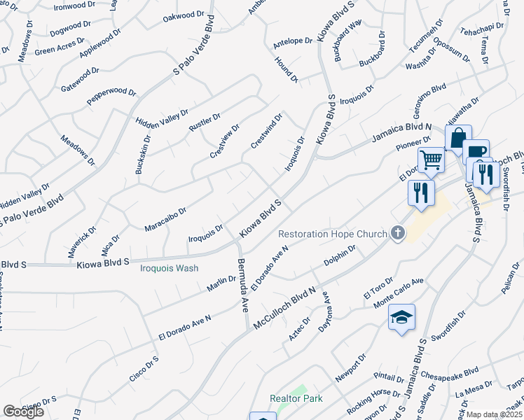 map of restaurants, bars, coffee shops, grocery stores, and more near 3225 Kiowa Boulevard South in Lake Havasu City