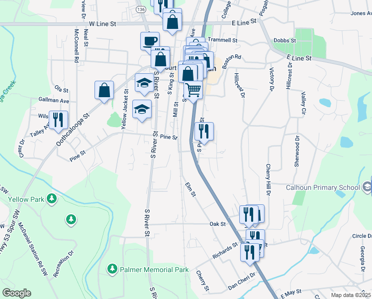 map of restaurants, bars, coffee shops, grocery stores, and more near 105 Maple Street in Calhoun