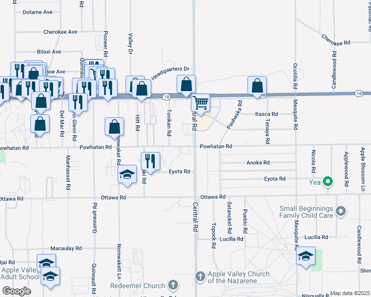 map of restaurants, bars, coffee shops, grocery stores, and more near 13492 Central Road in Apple Valley