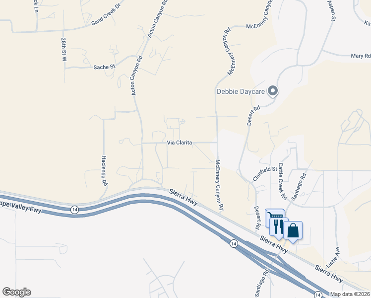 map of restaurants, bars, coffee shops, grocery stores, and more near 2470 Via Clarita in Acton