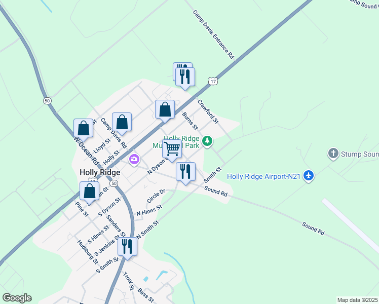 map of restaurants, bars, coffee shops, grocery stores, and more near 403 North Hines Street in Holly Ridge