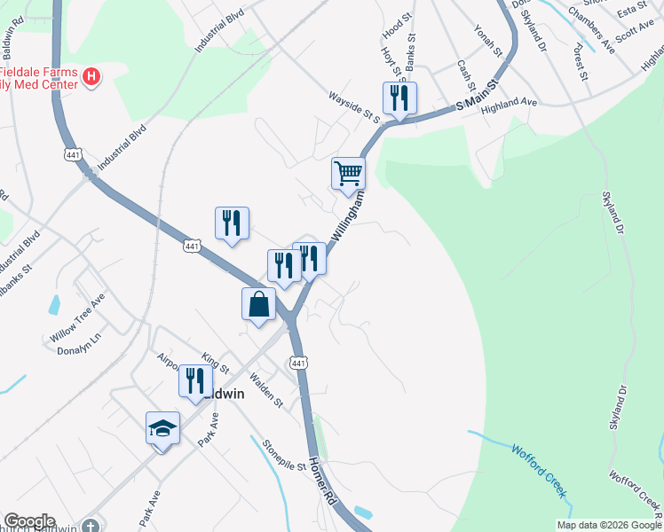 map of restaurants, bars, coffee shops, grocery stores, and more near 1630 Willingham Avenue in Cornelia