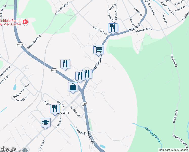 map of restaurants, bars, coffee shops, grocery stores, and more near 1630 Willingham Avenue in Cornelia