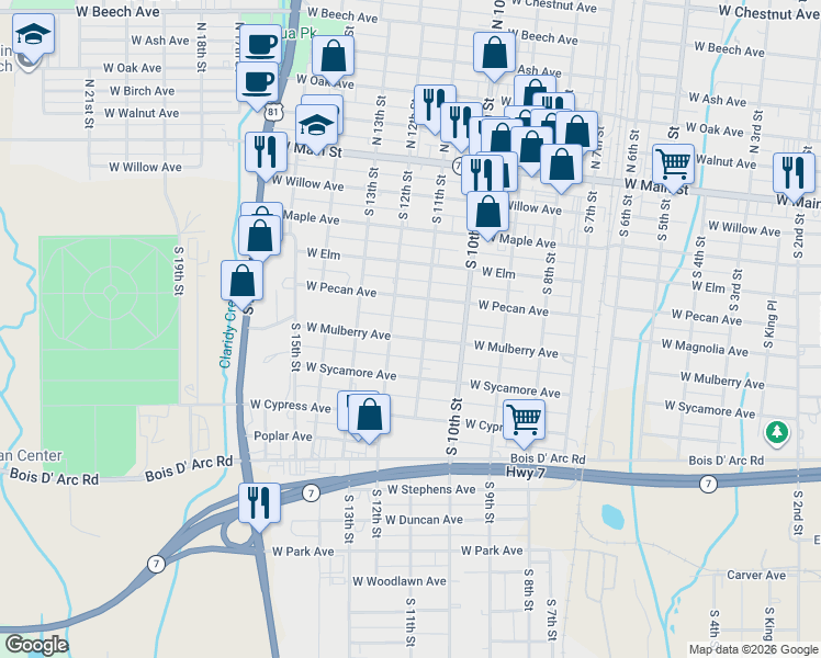 map of restaurants, bars, coffee shops, grocery stores, and more near 407 South 11th Street in Duncan