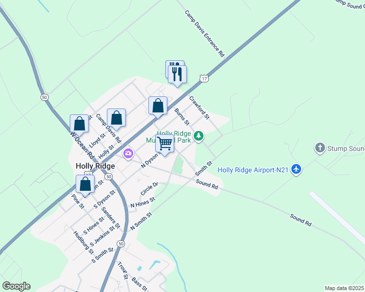 map of restaurants, bars, coffee shops, grocery stores, and more near 403 North Hines Street in Holly Ridge