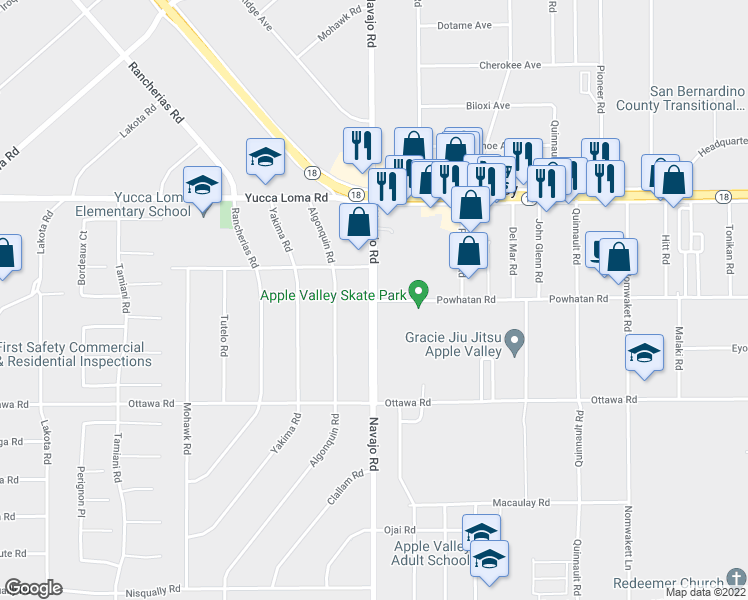map of restaurants, bars, coffee shops, grocery stores, and more near Powhatan Road in Apple Valley