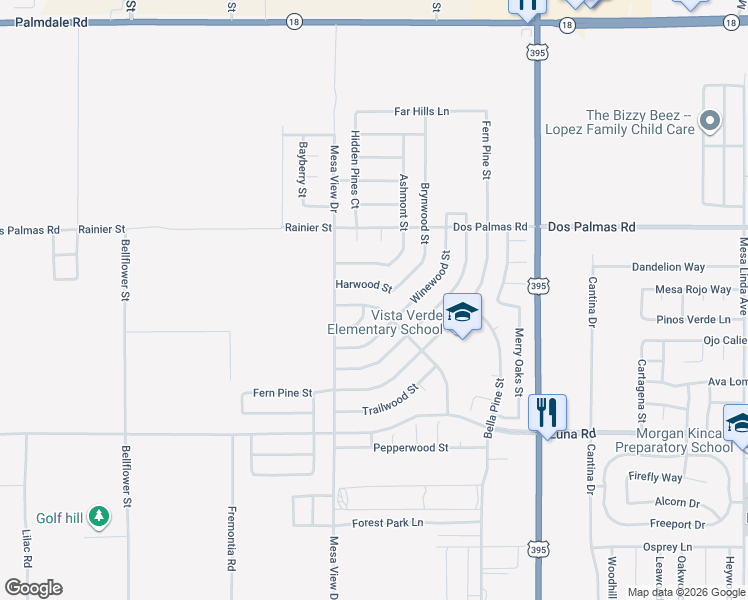 map of restaurants, bars, coffee shops, grocery stores, and more near 11776 Vista Verde Street in Victorville