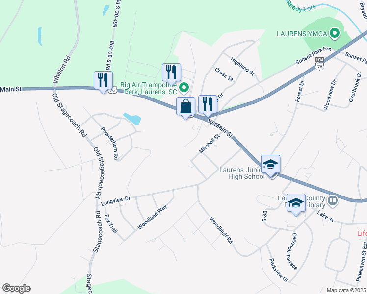 map of restaurants, bars, coffee shops, grocery stores, and more near 302 Ashley Lane in Laurens