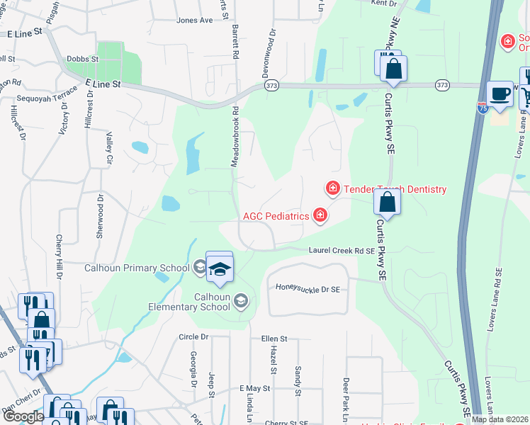 map of restaurants, bars, coffee shops, grocery stores, and more near 102 Bristol Place Southeast in Calhoun