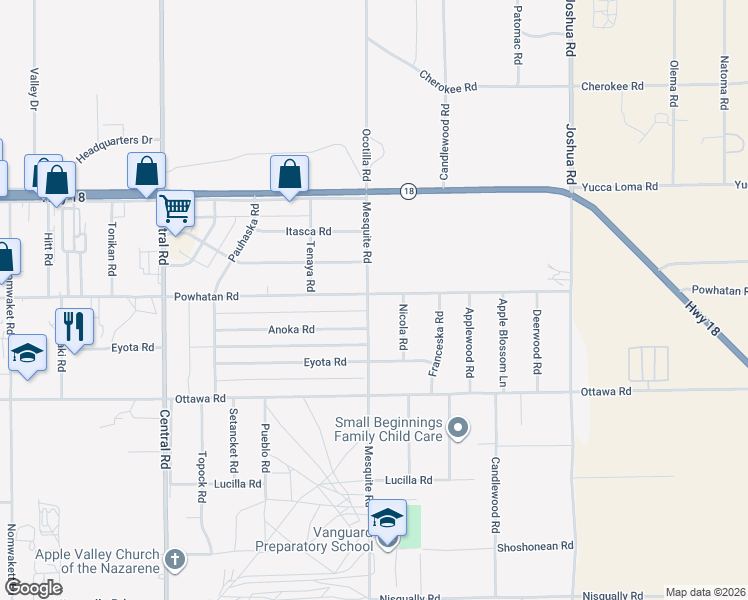 map of restaurants, bars, coffee shops, grocery stores, and more near 13493 Mesquite Road in Apple Valley