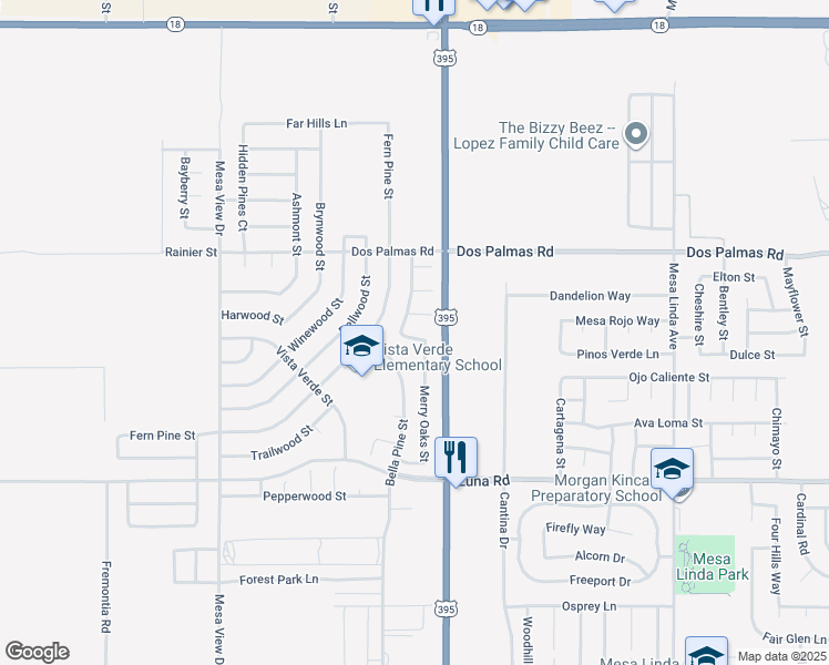 map of restaurants, bars, coffee shops, grocery stores, and more near 12058 Royal Oaks Street in Victorville