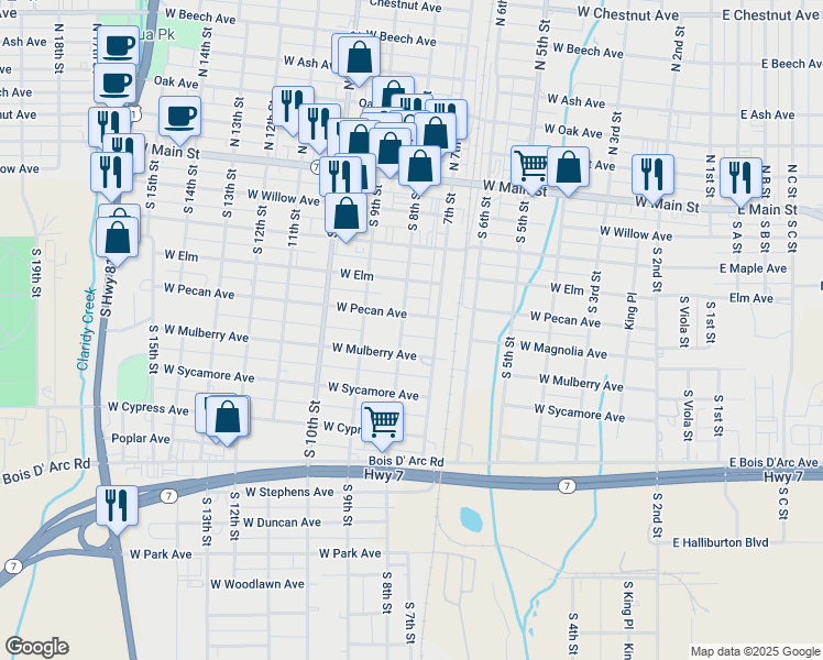 map of restaurants, bars, coffee shops, grocery stores, and more near 409 South 8th Street in Duncan