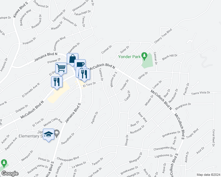 map of restaurants, bars, coffee shops, grocery stores, and more near 3743 Mission Drive South in Lake Havasu City