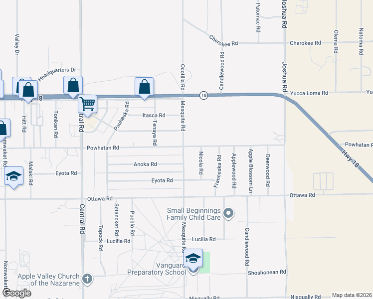 map of restaurants, bars, coffee shops, grocery stores, and more near 13493 Mesquite Road in Apple Valley