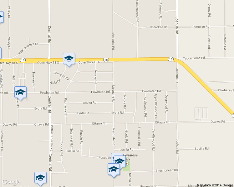 map of restaurants, bars, coffee shops, grocery stores, and more near 13493 Mesquite Road in Apple Valley