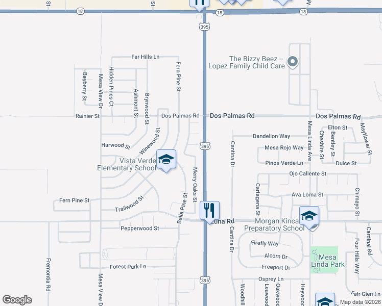 map of restaurants, bars, coffee shops, grocery stores, and more near 12058 Royal Oaks Street in Victorville