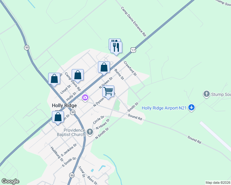map of restaurants, bars, coffee shops, grocery stores, and more near 301 Kraft Street in Holly Ridge