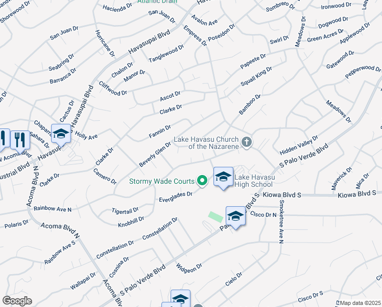 map of restaurants, bars, coffee shops, grocery stores, and more near 2543 Rainbow Place in Lake Havasu City