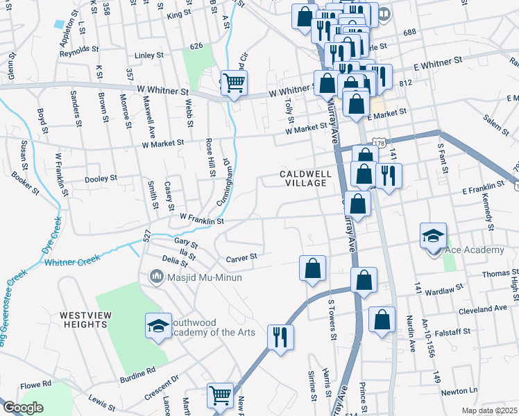 map of restaurants, bars, coffee shops, grocery stores, and more near 423 Reed Court in Anderson