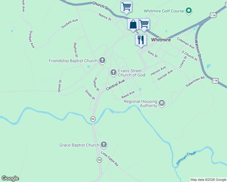 map of restaurants, bars, coffee shops, grocery stores, and more near 708 Broom Street Extension in Whitmire