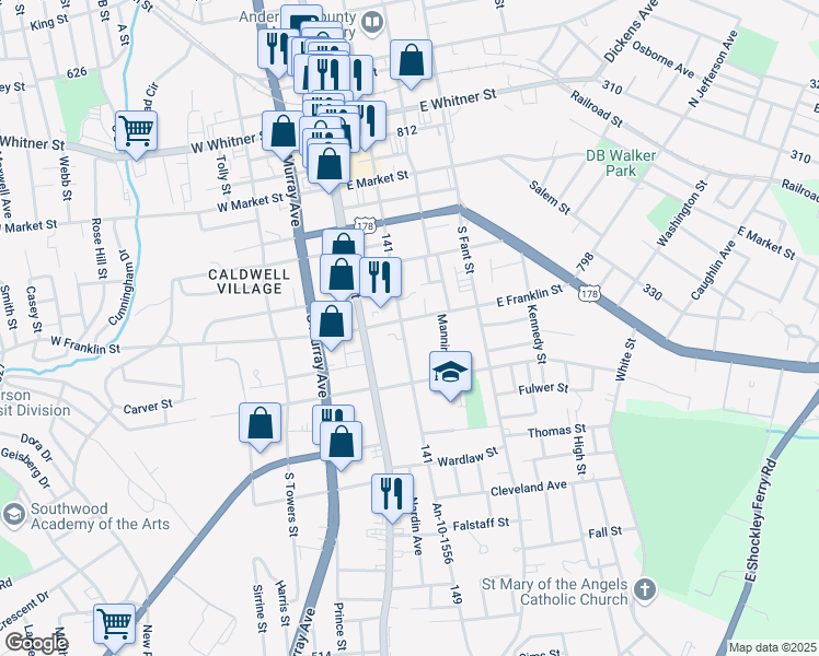 map of restaurants, bars, coffee shops, grocery stores, and more near 1001 South McDuffie Street in Anderson