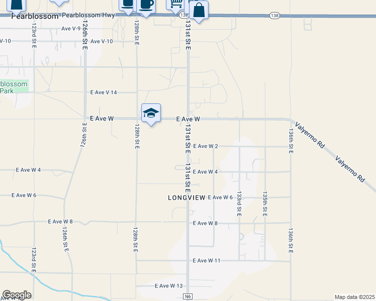 map of restaurants, bars, coffee shops, grocery stores, and more near Longview Road in Pearblossom