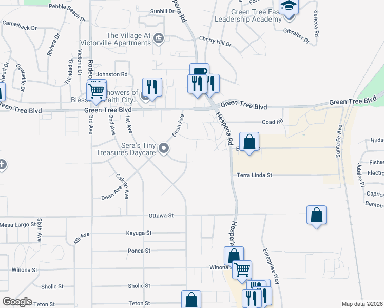 map of restaurants, bars, coffee shops, grocery stores, and more near 16885 Lambert Lane in Victorville