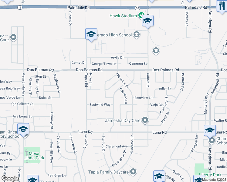 map of restaurants, bars, coffee shops, grocery stores, and more near 13036 Evanston Street in Victorville