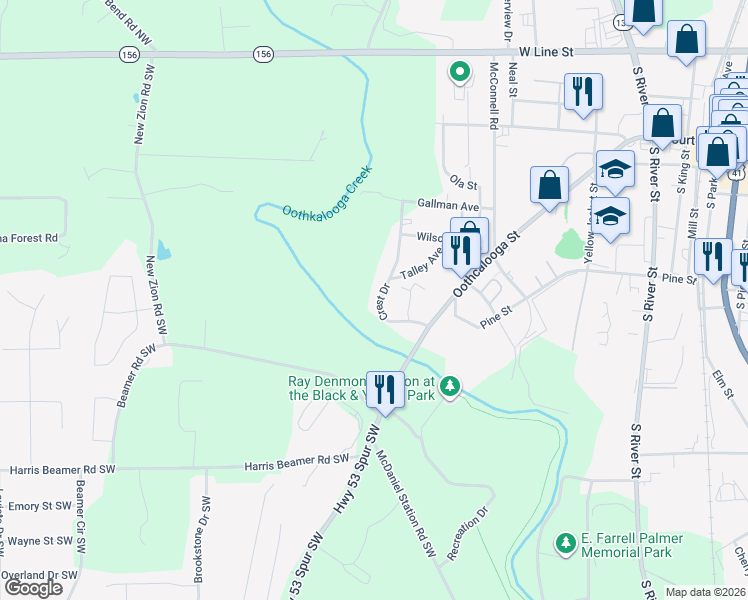 map of restaurants, bars, coffee shops, grocery stores, and more near 311 Crest Drive in Calhoun