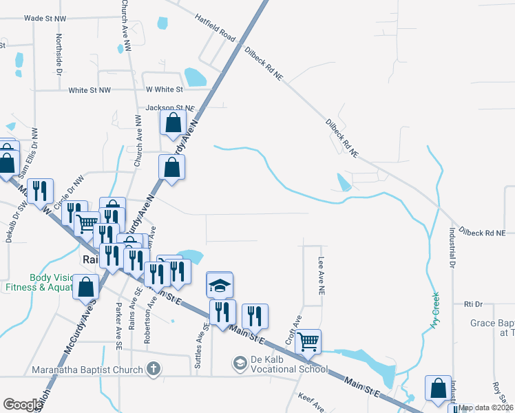 map of restaurants, bars, coffee shops, grocery stores, and more near 411 Ranch Road in Rainsville