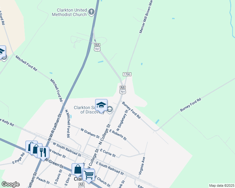 map of restaurants, bars, coffee shops, grocery stores, and more near 9818 North College Street in Clarkton