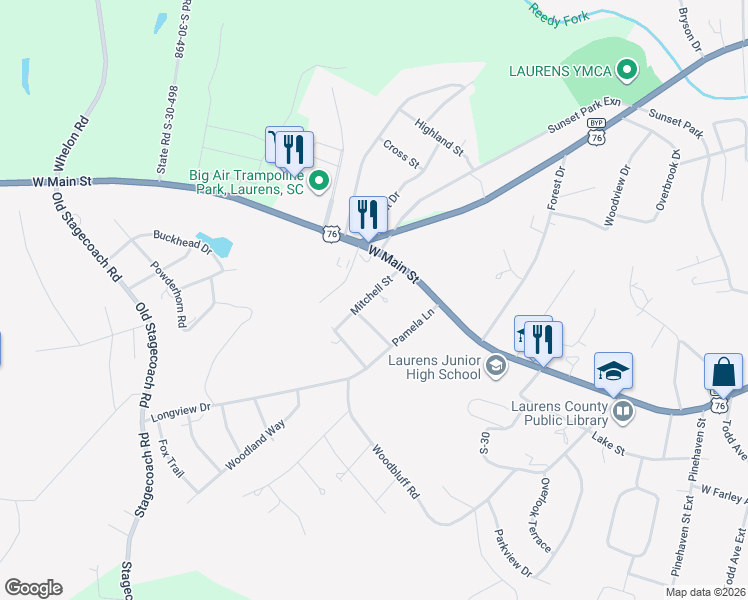 map of restaurants, bars, coffee shops, grocery stores, and more near 102 Jasmine Pl in Laurens