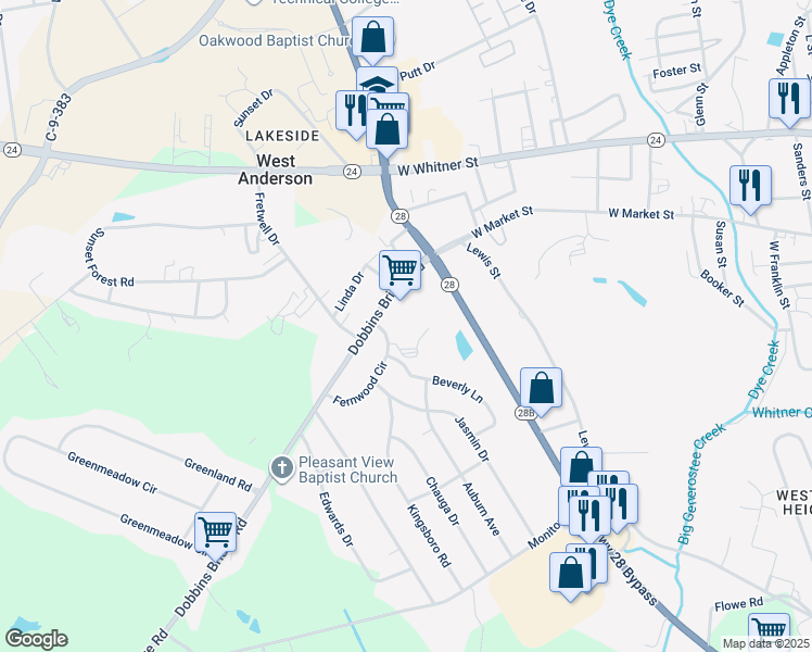 map of restaurants, bars, coffee shops, grocery stores, and more near 1909 Dobbins Bridge Road in Anderson