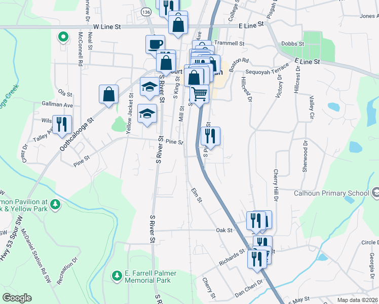 map of restaurants, bars, coffee shops, grocery stores, and more near 105 Maple Street in Calhoun