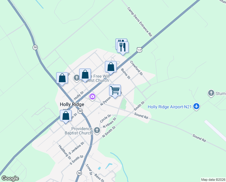 map of restaurants, bars, coffee shops, grocery stores, and more near 301 Kraft Street in Holly Ridge