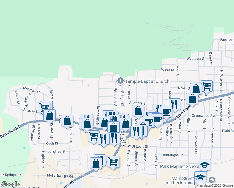 map of restaurants, bars, coffee shops, grocery stores, and more near 302 Poinsettia Street in Hot Springs