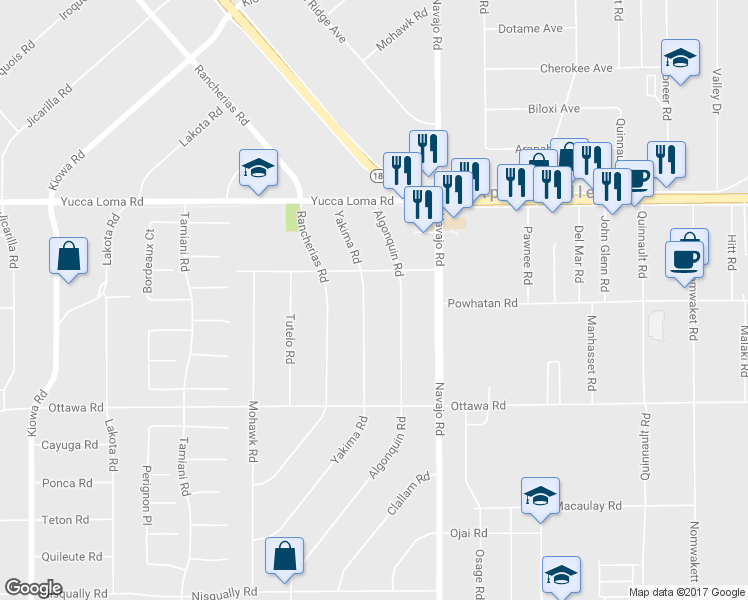 map of restaurants, bars, coffee shops, grocery stores, and more near 13508 Yakima Road in Apple Valley