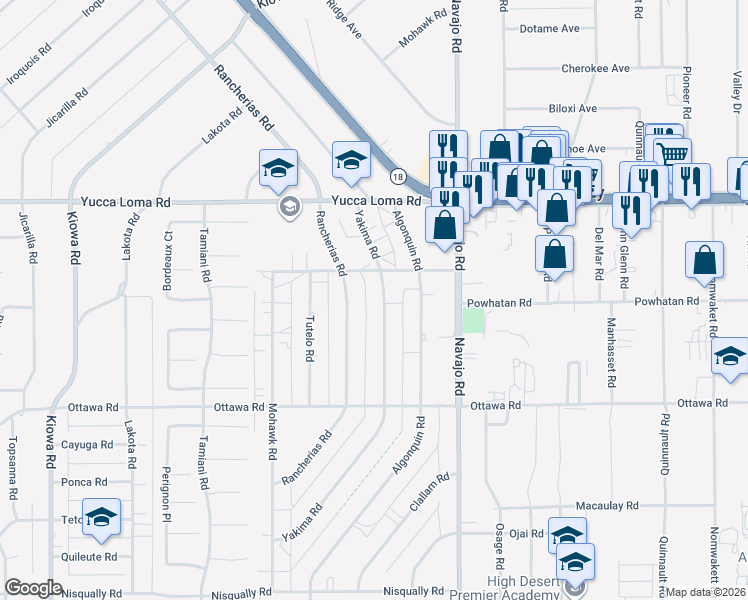 map of restaurants, bars, coffee shops, grocery stores, and more near 13508 Yakima Road in Apple Valley