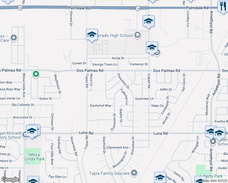 map of restaurants, bars, coffee shops, grocery stores, and more near 13036 Evanston Street in Victorville