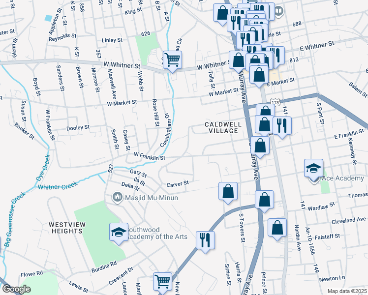 map of restaurants, bars, coffee shops, grocery stores, and more near 423 Reed Court in Anderson