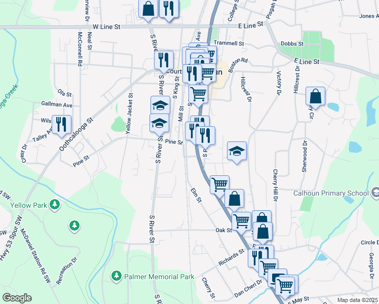 map of restaurants, bars, coffee shops, grocery stores, and more near 105 Maple Street in Calhoun