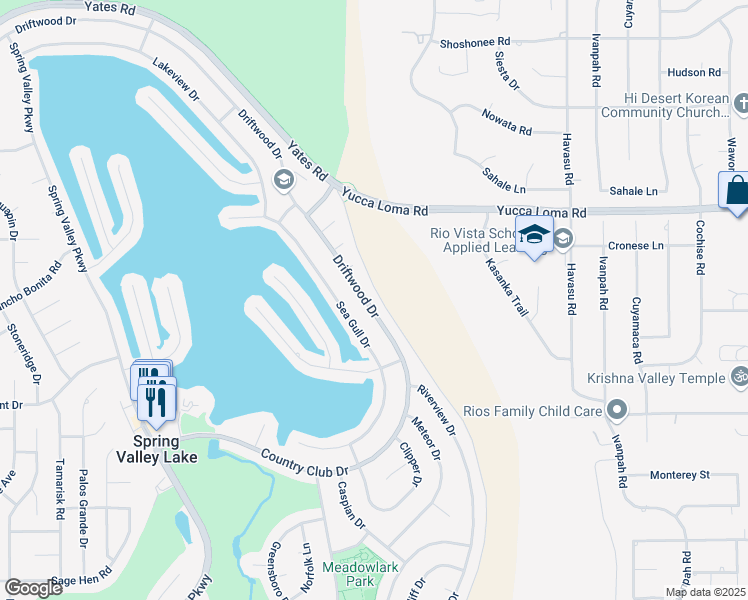 map of restaurants, bars, coffee shops, grocery stores, and more near 13501 Driftwood Drive in Victorville