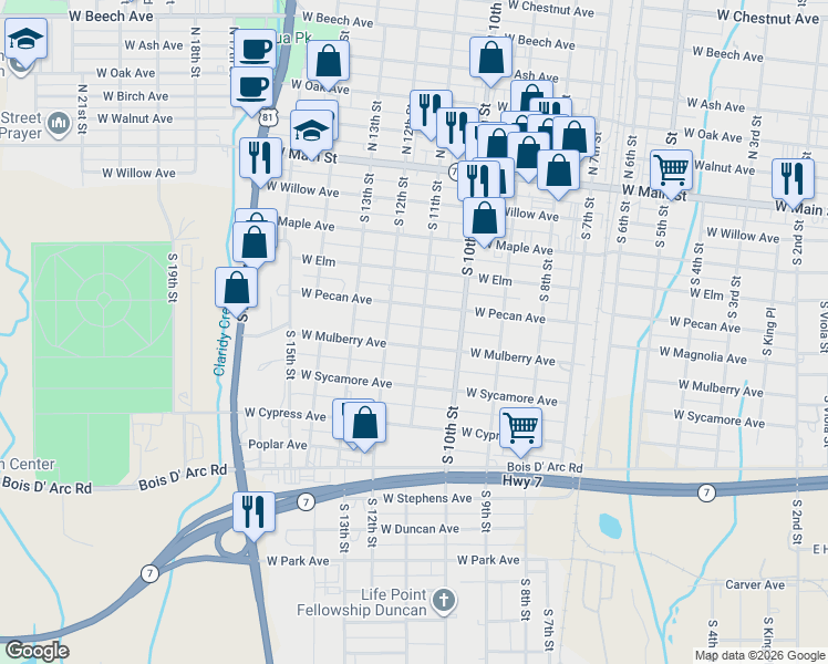 map of restaurants, bars, coffee shops, grocery stores, and more near 407 South 11th Street in Duncan