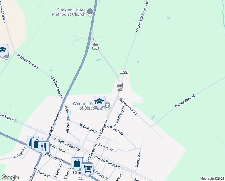 map of restaurants, bars, coffee shops, grocery stores, and more near 9818 North College Street in Clarkton