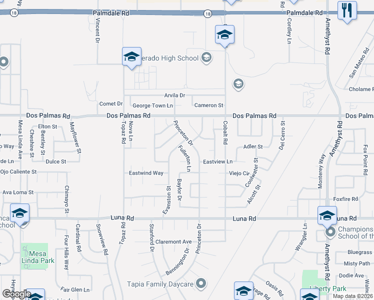 map of restaurants, bars, coffee shops, grocery stores, and more near 13569 Fullerton Lane in Victorville