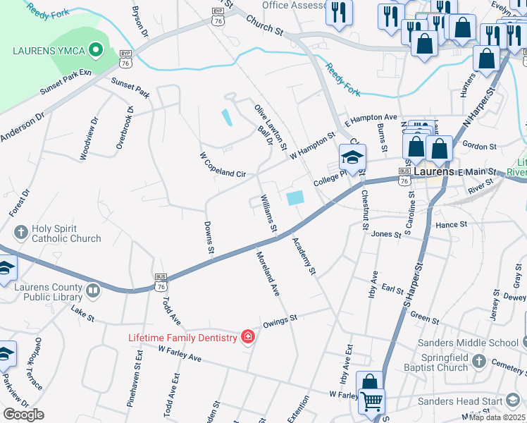 map of restaurants, bars, coffee shops, grocery stores, and more near 113 Williams Street in Laurens