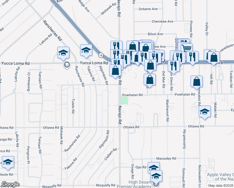 map of restaurants, bars, coffee shops, grocery stores, and more near 13500 Navajo Road in Apple Valley