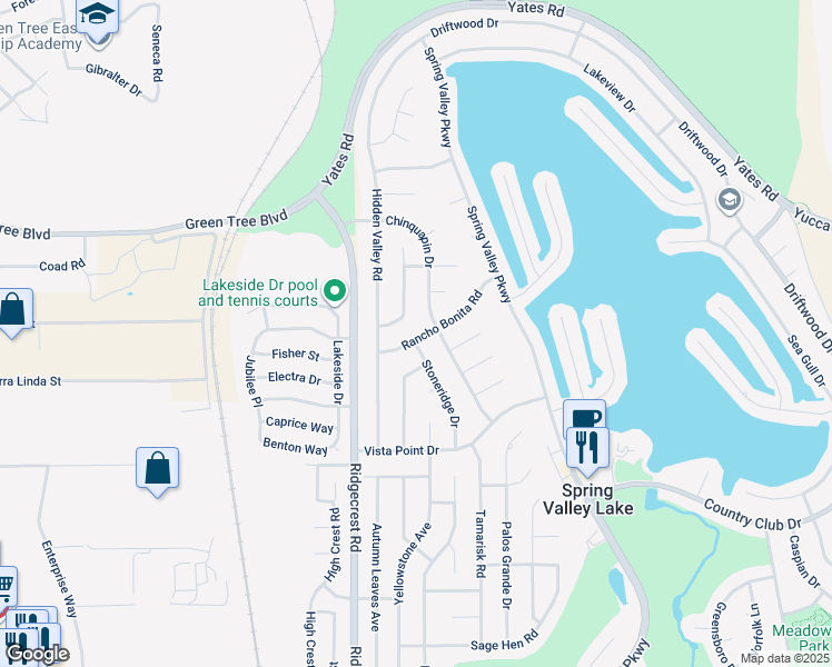 map of restaurants, bars, coffee shops, grocery stores, and more near 17800 Rancho Bonita Road in Victorville
