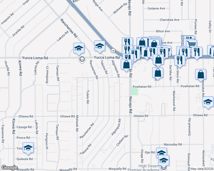 map of restaurants, bars, coffee shops, grocery stores, and more near 13508 Yakima Road in Apple Valley